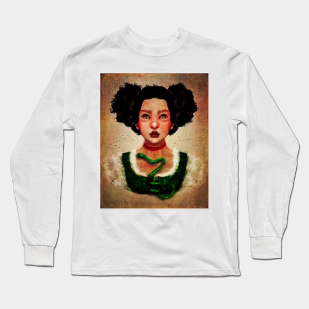 Gothic Witch Girl With Natural Hair and Emerald Green Snake Manga Style Digital Art Lilith Long Sleeve T-Shirt by penandbea